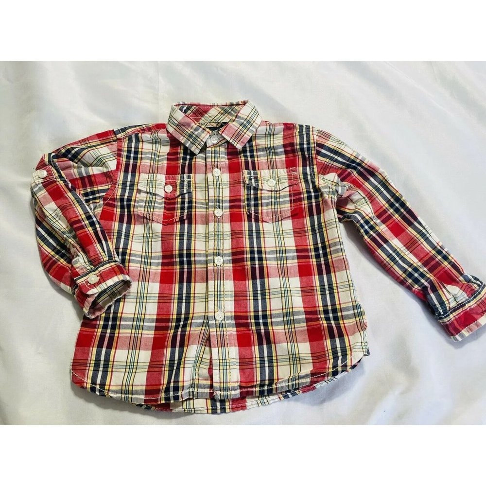 Boys Tommy Hilfiger Red Blue Gold Plaid Button Long Roll Sleeve Shirt Size 2 2t